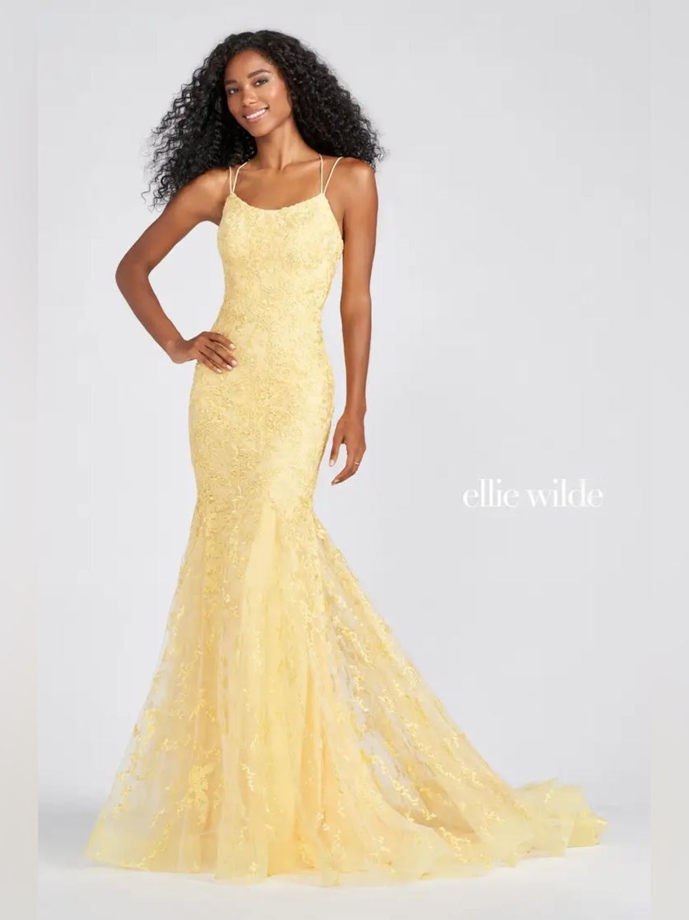 ELLIE WILDE Mon Cheri Beaded Embroidered Scoop Neck Gown Prom Dress Yellow sz 0